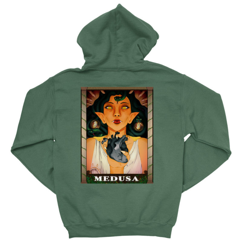 Medusa’s Black Heart Hoodie with a striking illustration of Medusa holding a black heart on a green background.