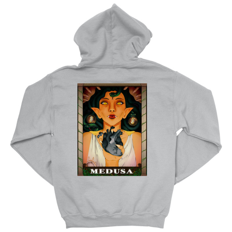 Medusa’s Black Heart Hoodie featuring an artistic illustration of Medusa on the back, showcasing fierce design and vibrant colors.