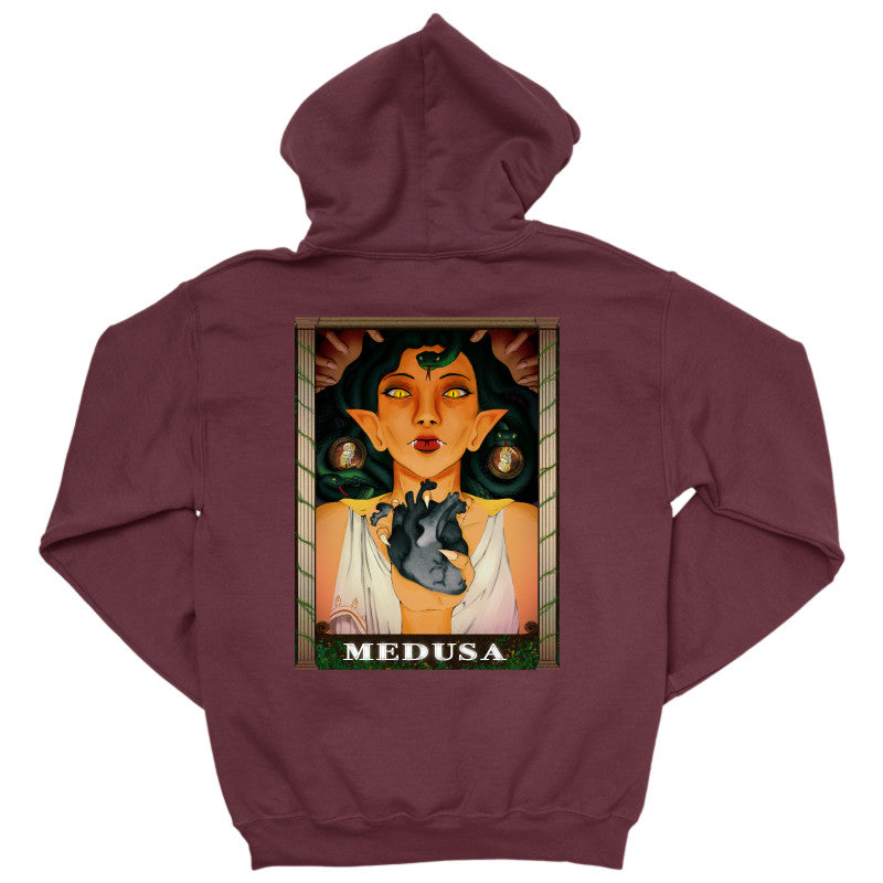 Medusa’s Black Heart Hoodie featuring a striking illustration of Medusa with a black heart design on the back.