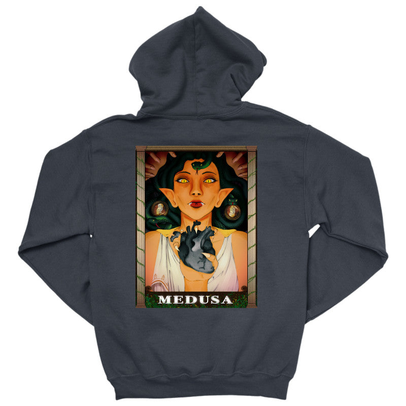 Medusa’s Black Heart Hoodie featuring an illustrated design of Medusa on a dark background.