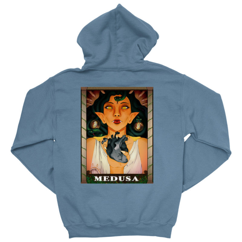 Medusa’s Black Heart Hoodie featuring an illustrated image of Medusa on the back, showcasing her fierce expression and black heart.