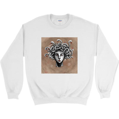 Goose-Crowned Medusa Crewneck featuring a surreal Medusa design with geese in her hair.
