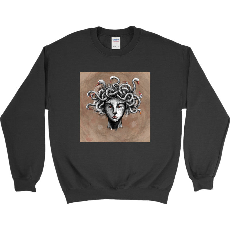 Goose-Crowned Medusa Crewneck featuring an artistic depiction of Medusa with a crown of geese.
