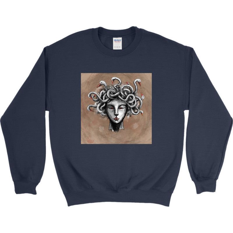 Goose-Crowned Medusa Crewneck featuring artwork of Medusa with geese as a crown.