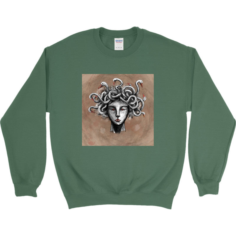 Goose-Crowned Medusa Crewneck featuring a unique design with a crown of geese and a gorgon face on a green sweatshirt.