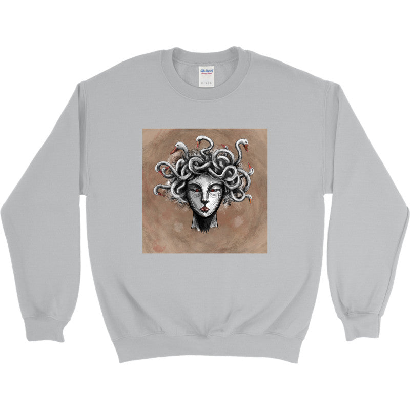 Goose-Crowned Medusa Crewneck featuring a surreal illustration of Medusa with a crown of geese.