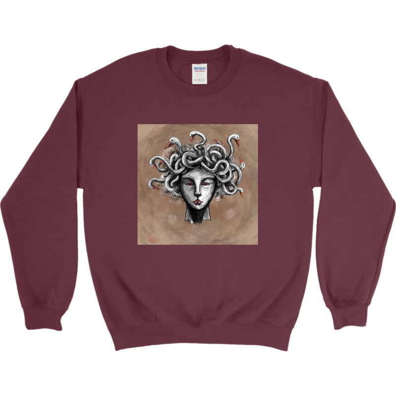 Goose-Crowned Medusa Crewneck featuring a surreal Medusa design with geese, by Siemon Van den Broeck.