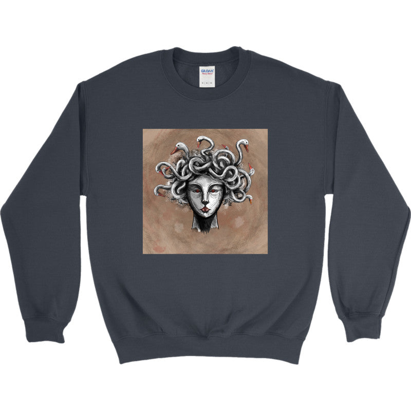 Goose-Crowned Medusa Crewneck featuring a surreal design of Medusa with geese.