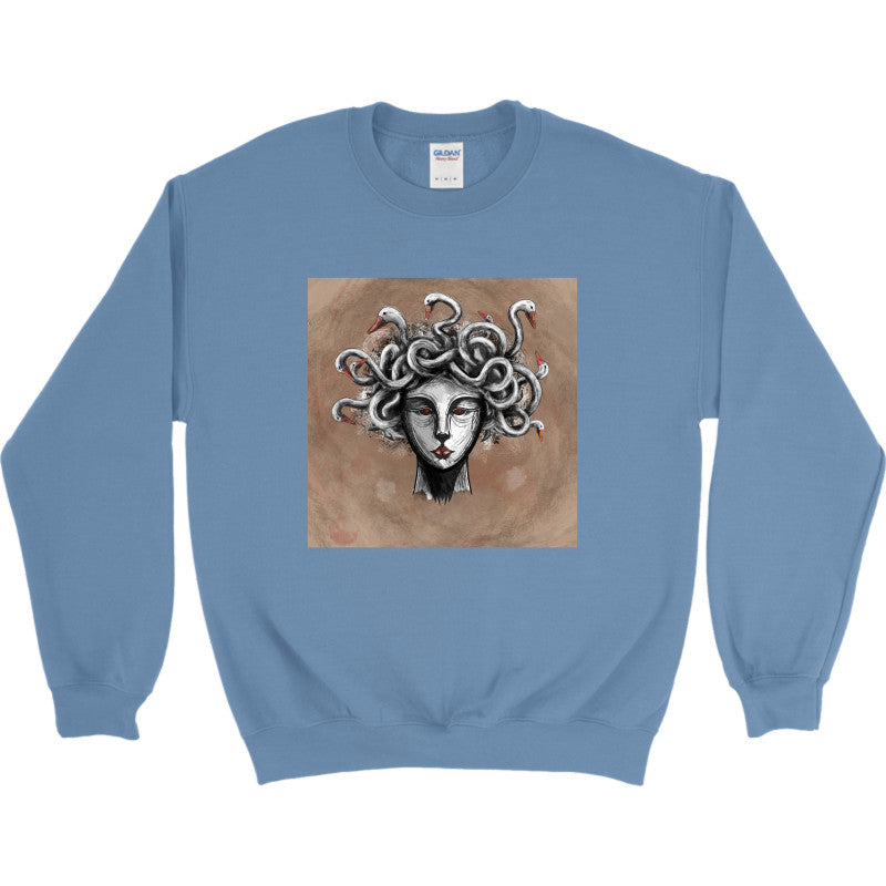 Goose-Crowned Medusa Crewneck featuring a unique design of Medusa wearing a crown of geese.