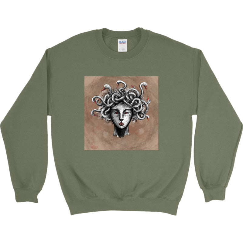 Goose-Crowned Medusa Crewneck featuring a surreal illustration of a gorgon with a crown of geese.