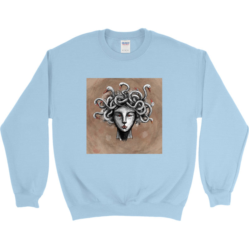 Goose-Crowned Medusa Crewneck featuring a surreal Medusa design with a crown of geese on a light blue sweatshirt.