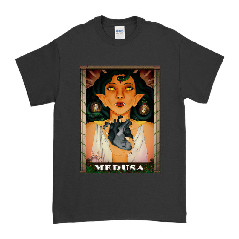Medusa’s Black Heart Tee featuring a fierce illustration of Medusa holding a black heart, perfect for bold fashion statements.