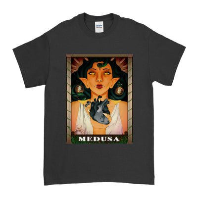 Medusa’s Black Heart Tee featuring a fierce illustration of Medusa holding a black heart, perfect for bold fashion statements.