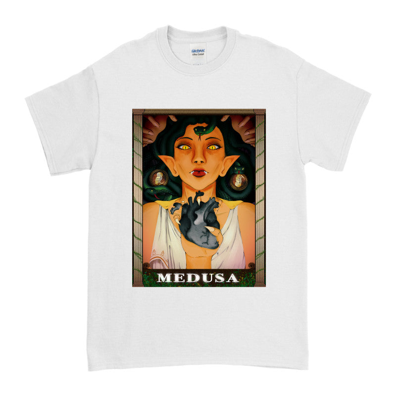Medusa’s Black Heart Tee featuring an illustration of Medusa holding a black heart on a white t-shirt.