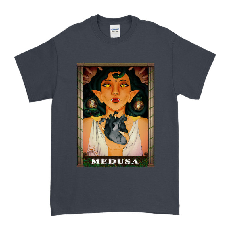 Medusa's Black Heart Tee featuring an illustrated design of Medusa with a black heart on a dark t-shirt.