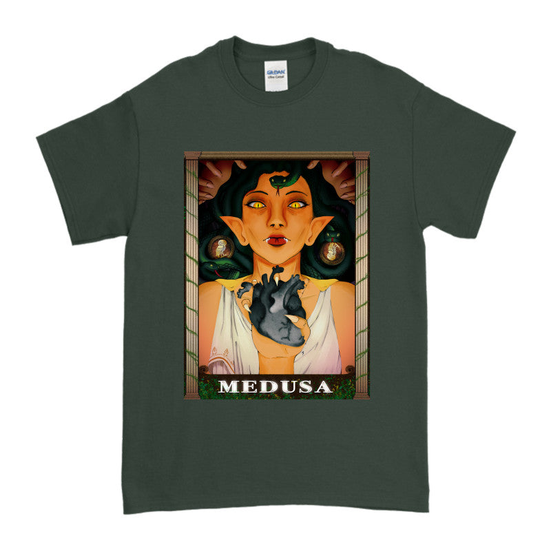 Medusa’s Black Heart Tee featuring an artistic illustration of Medusa holding a black heart.