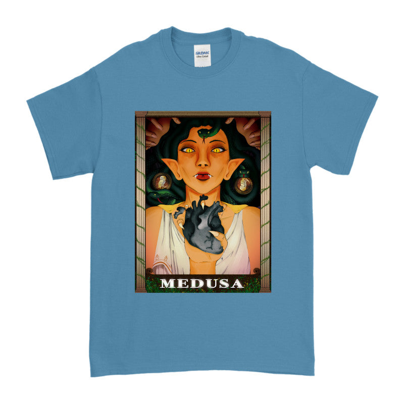 Medusa’s Black Heart Tee featuring an artistic depiction of Medusa holding a black heart, designed by Sianna E.