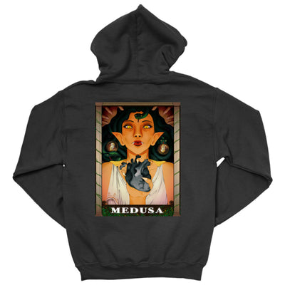 Medusa’s Black Heart Hoodie featuring bold art of Medusa with a black heart design on the back in a stylish black hoodie.