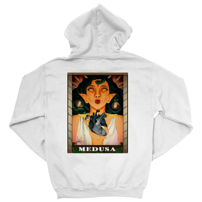 Medusa’s Black Heart Hoodie featuring an artistic illustration of Medusa on the back, showcasing a fierce design.