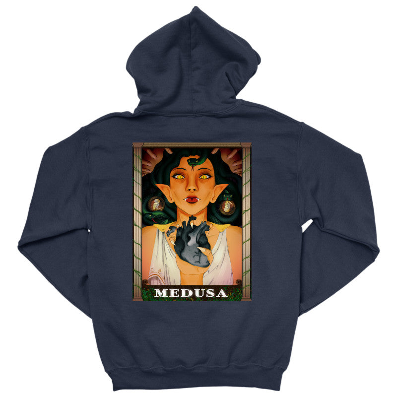 Medusa's Black Heart Hoodie featuring an artistic graphic design of Medusa on the back in dark navy color