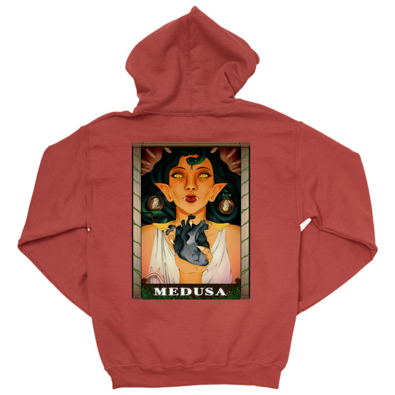 Medusa’s Black Heart Hoodie featuring an artistic design of Medusa with black heart illustration on the back.